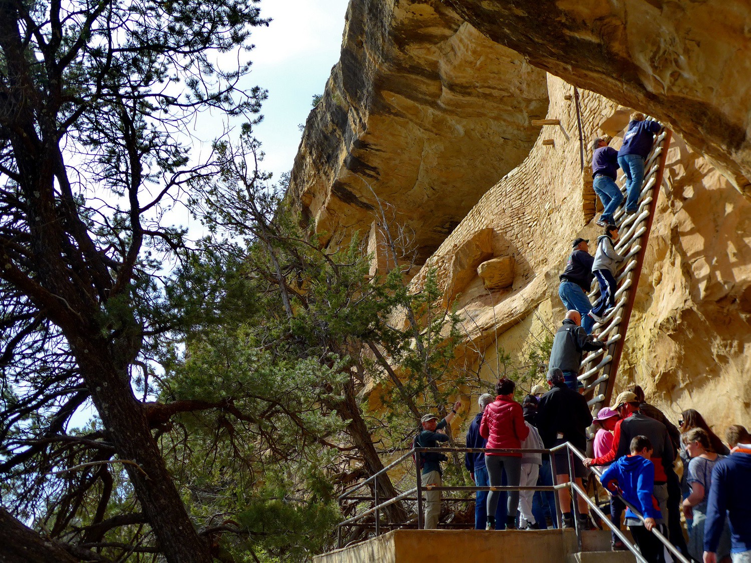 People climbing up to the cliff dwelling Balcony House